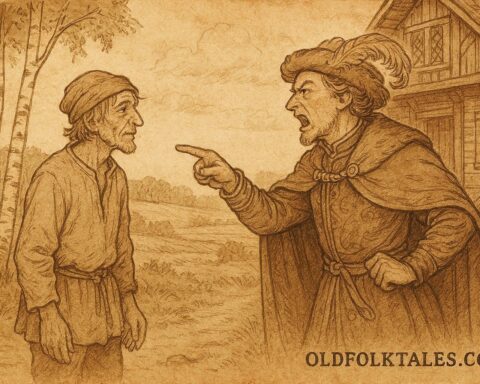 Parchment-style illustration of a clever peasant facing a greedy landlord, Belarusian folktale.