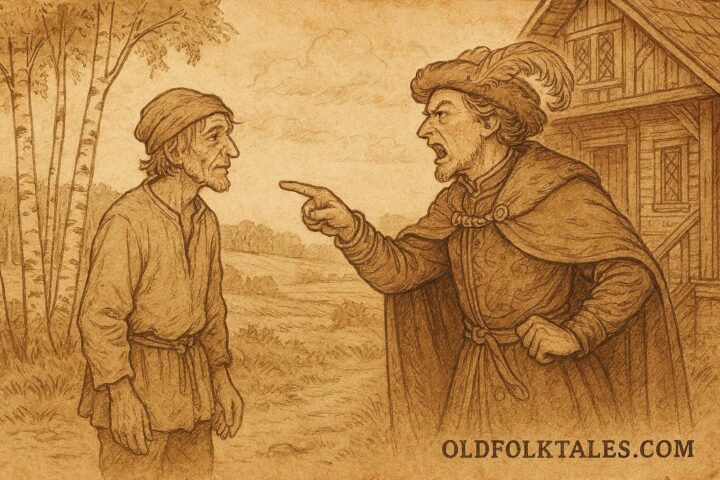 Parchment-style illustration of a clever peasant facing a greedy landlord, Belarusian folktale.