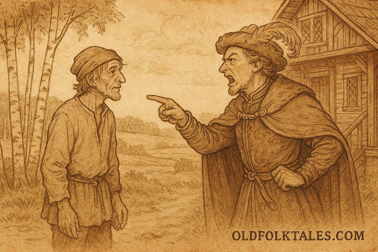 Parchment-style illustration of a clever peasant facing a greedy landlord, Belarusian folktale.