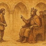 Parchment-style illustration of a clever peasant answering the King of Castile, Spanish folktale scene.