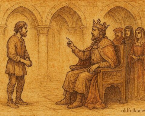 Parchment-style illustration of a clever peasant answering the King of Castile, Spanish folktale scene.