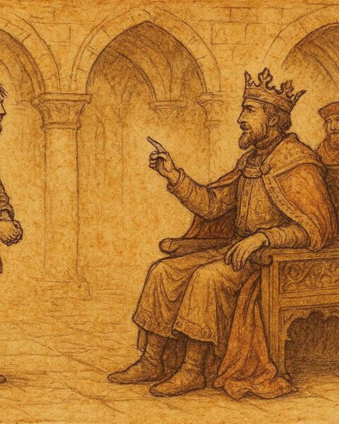Parchment-style illustration of a clever peasant answering the King of Castile, Spanish folktale scene.