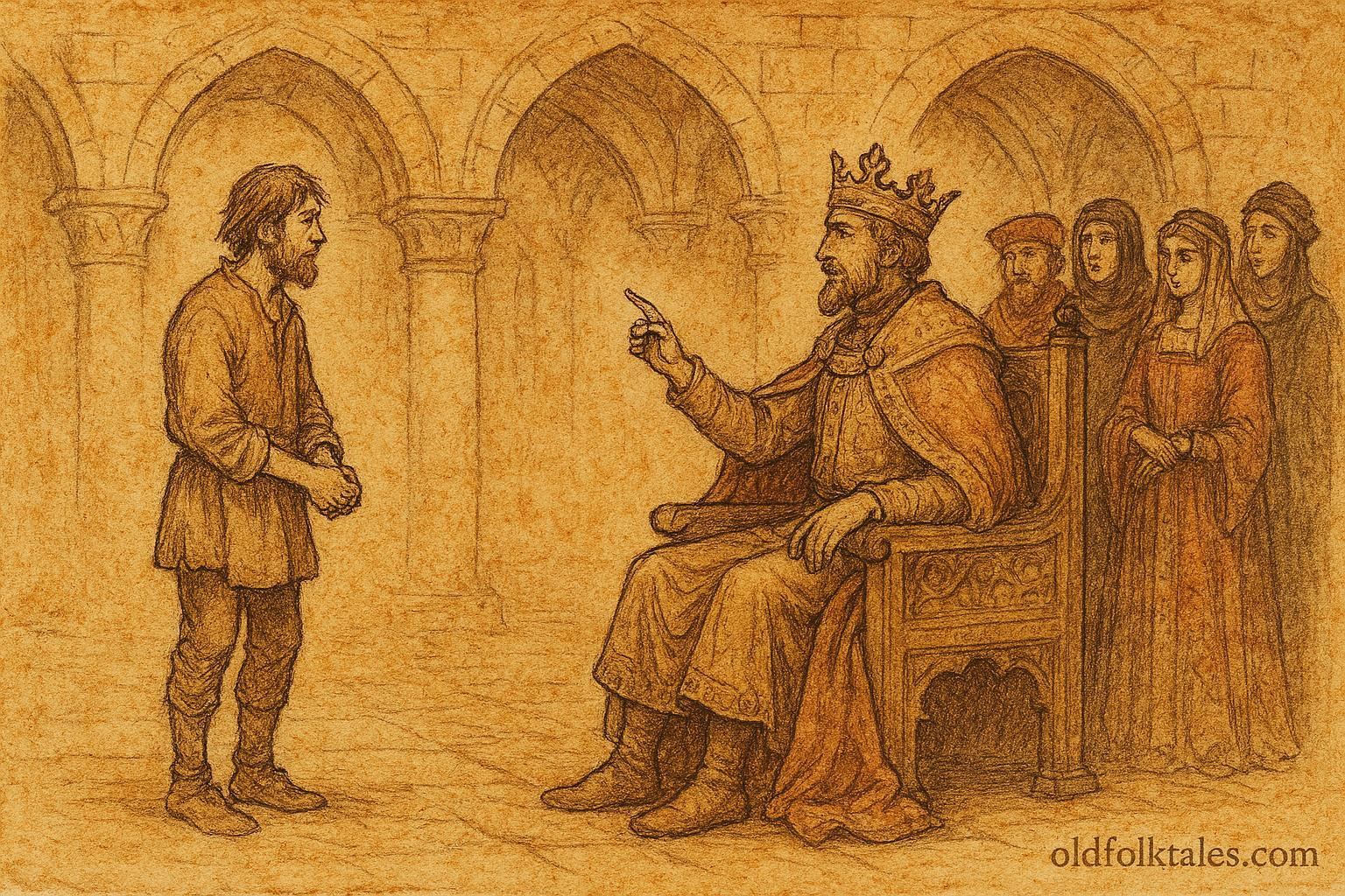 Parchment-style illustration of a clever peasant answering the King of Castile, Spanish folktale scene.