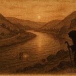 An illustration of cursed treasure beneath the Moselle River, Luxembourg folktale scene.