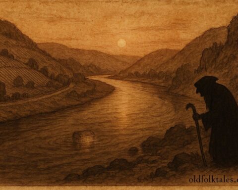 An illustration of cursed treasure beneath the Moselle River, Luxembourg folktale scene.