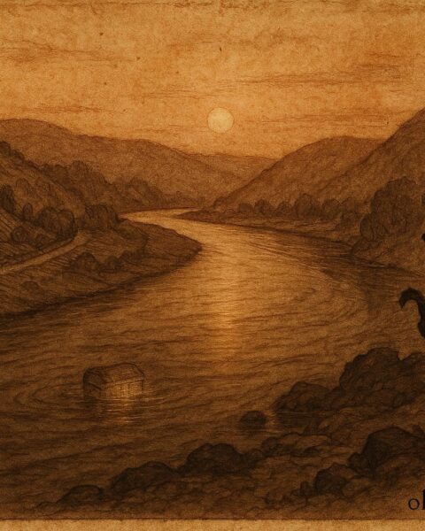 An illustration of cursed treasure beneath the Moselle River, Luxembourg folktale scene.
