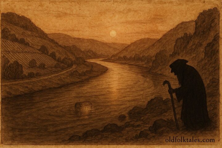 An illustration of cursed treasure beneath the Moselle River, Luxembourg folktale scene.