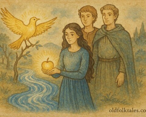 Parchment-style artwork of a girl with magical objects revealing truth, Italian folktale scene.