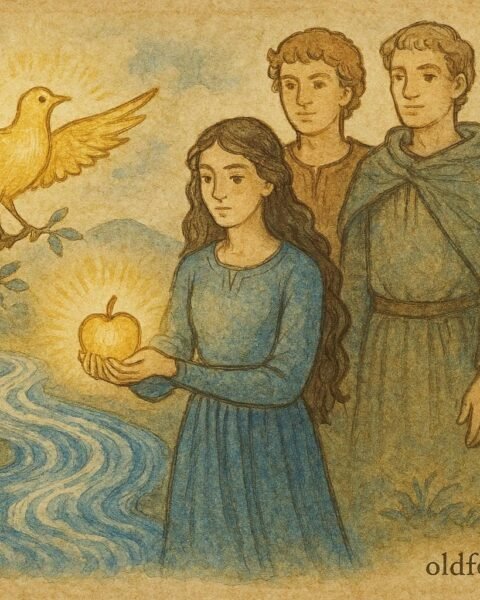 Parchment-style artwork of a girl with magical objects revealing truth, Italian folktale scene.