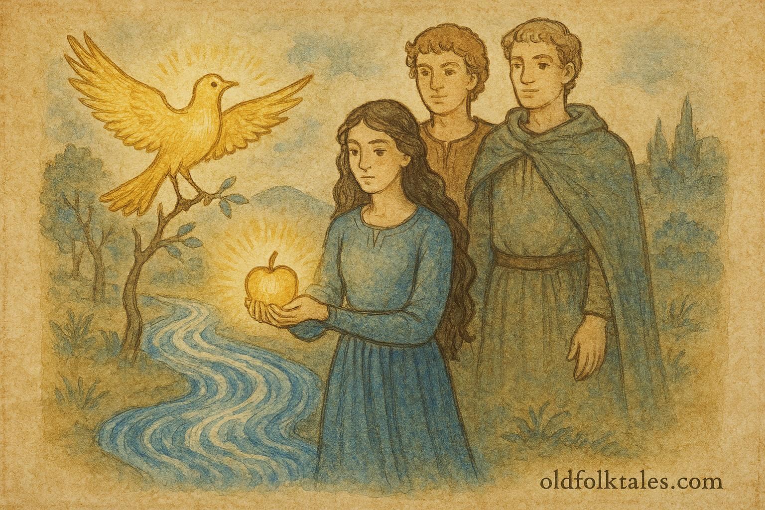 Parchment-style artwork of a girl with magical objects revealing truth, Italian folktale scene.