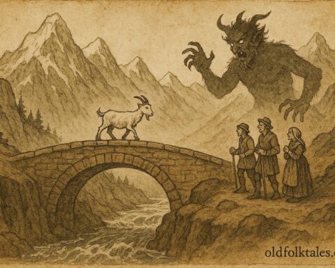 An illustration of villagers tricking the Devil with a goat at an Alpine bridge, Austrian folklore.