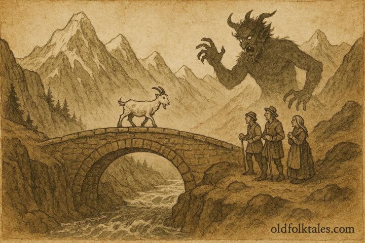 An illustration of villagers tricking the Devil with a goat at an Alpine bridge, Austrian folklore.