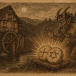 Parchment-style illustration of a miller defeating the devil in a Czech folktale.