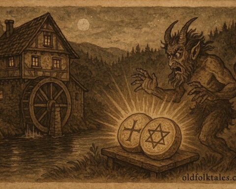 Parchment-style illustration of a miller defeating the devil in a Czech folktale.