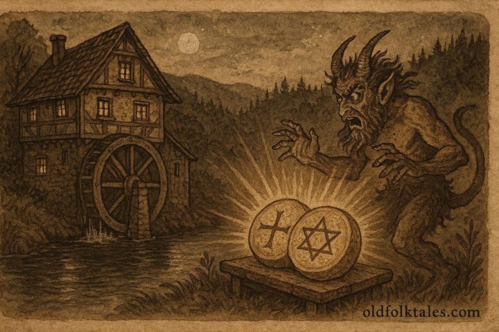 Parchment-style illustration of a miller defeating the devil in a Czech folktale.