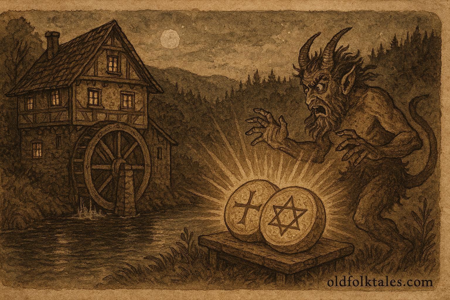 Parchment-style illustration of a miller defeating the devil in a Czech folktale.