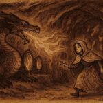 Parchment-style illustration of Olena sneaking past a dragon in a Ukrainian forest cavern.