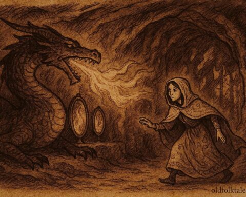 Parchment-style illustration of Olena sneaking past a dragon in a Ukrainian forest cavern.