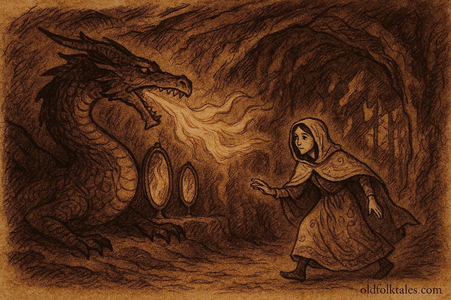 Parchment-style illustration of Olena sneaking past a dragon in a Ukrainian forest cavern.