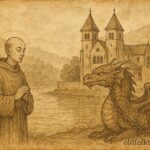 An illustration of a monk subduing a dragon near Echternach Abbey, Luxembourg folktale scene.