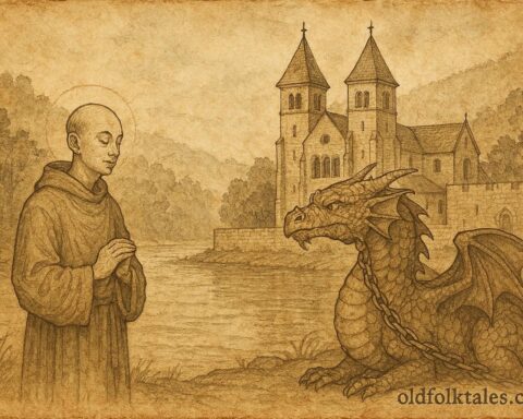 An illustration of a monk subduing a dragon near Echternach Abbey, Luxembourg folktale scene.