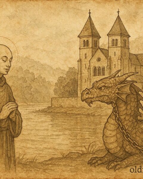 An illustration of a monk subduing a dragon near Echternach Abbey, Luxembourg folktale scene.