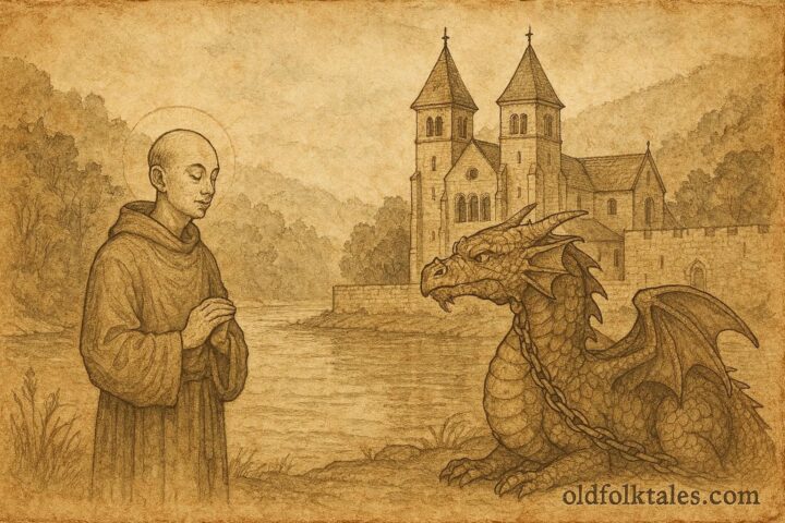 An illustration of a monk subduing a dragon near Echternach Abbey, Luxembourg folktale scene.