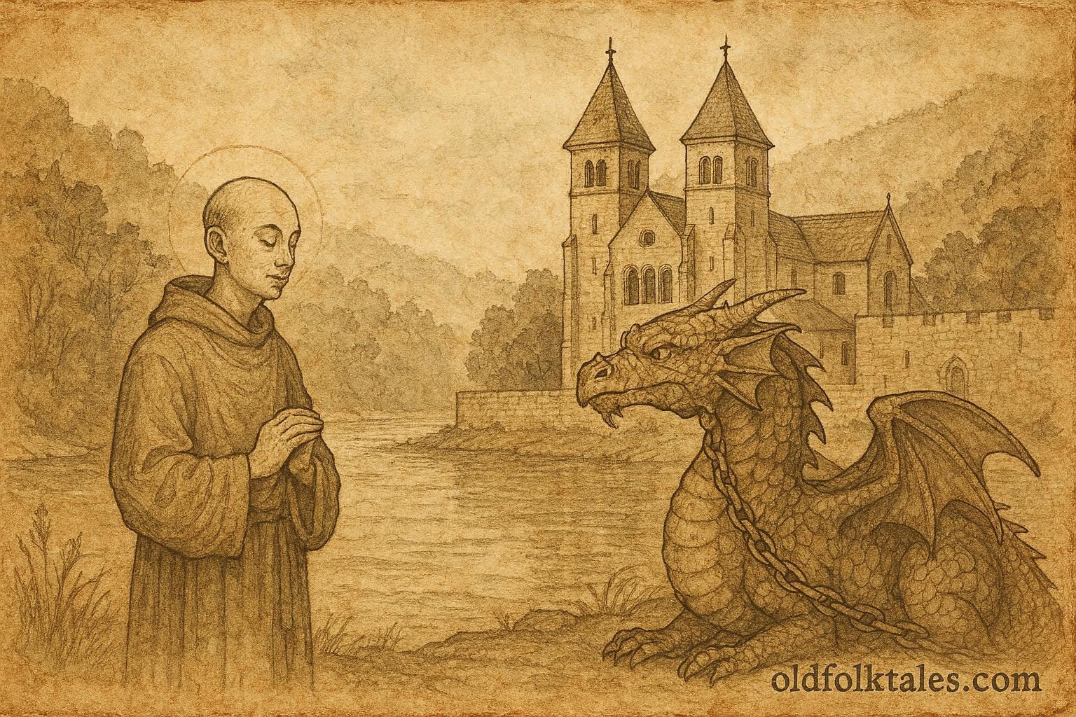 An illustration of a monk subduing a dragon near Echternach Abbey, Luxembourg folktale scene.