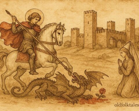 Parchment-style illustration of Saint George slaying the dragon, Catalan folktale scene from Spain.
