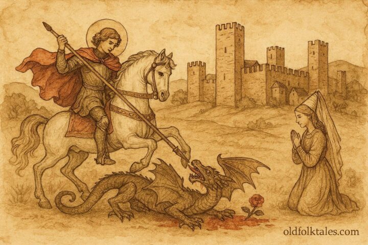 Parchment-style illustration of Saint George slaying the dragon, Catalan folktale scene from Spain.