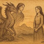 An illustration of a woman beside a transforming dragon, Serbian folktale scene.