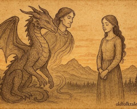 An illustration of a woman beside a transforming dragon, Serbian folktale scene.
