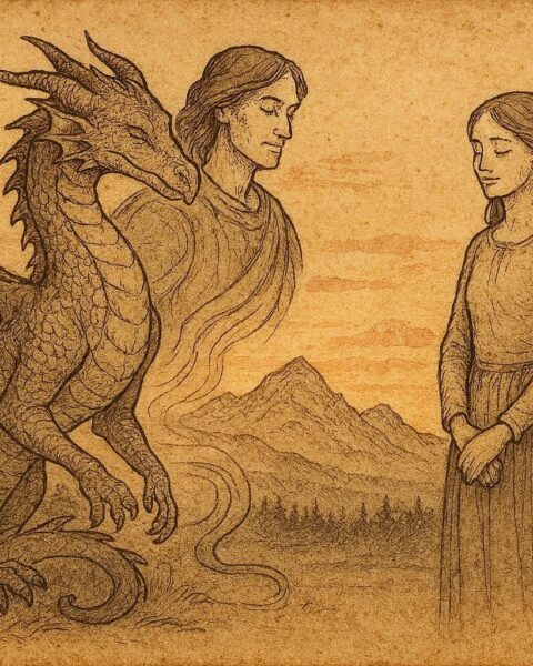An illustration of a woman beside a transforming dragon, Serbian folktale scene.