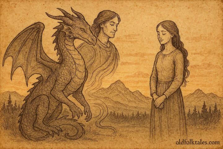 An illustration of a woman beside a transforming dragon, Serbian folktale scene.