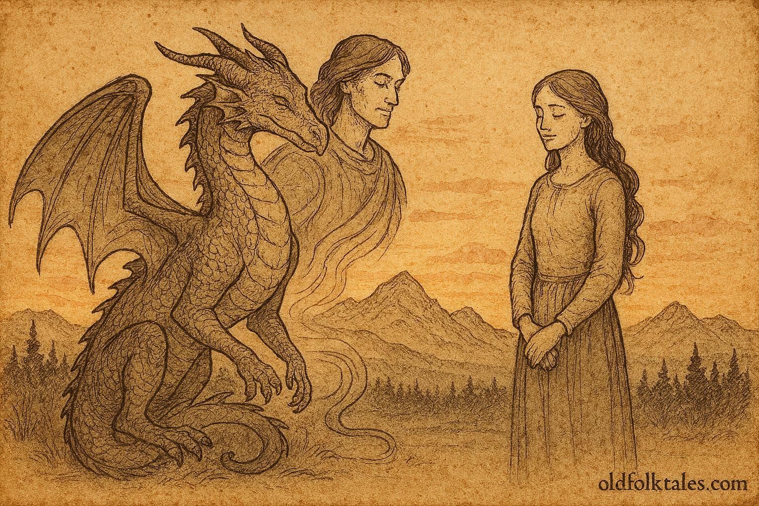 An illustration of a woman beside a transforming dragon, Serbian folktale scene.