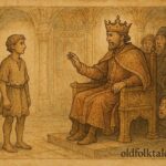 Parchment-style illustration of a clever commoner before an emperor, Serbian folktale scene.