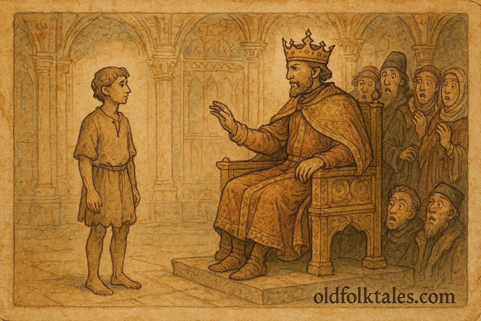 Parchment-style illustration of a clever commoner before an emperor, Serbian folktale scene.