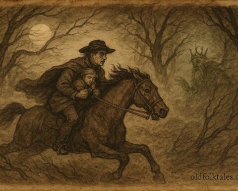 An artwork of a father riding with his child pursued by the Erlking, Northern German folktale.”