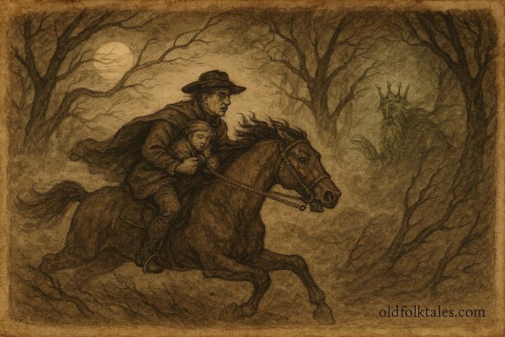 An artwork of a father riding with his child pursued by the Erlking, Northern German folktale.”