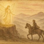 An illustration of Zâna Zorilor meeting a hero at dawn, Romanian folktale scene.