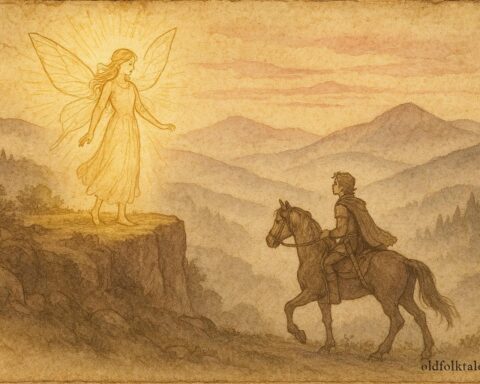 An illustration of Zâna Zorilor meeting a hero at dawn, Romanian folktale scene.