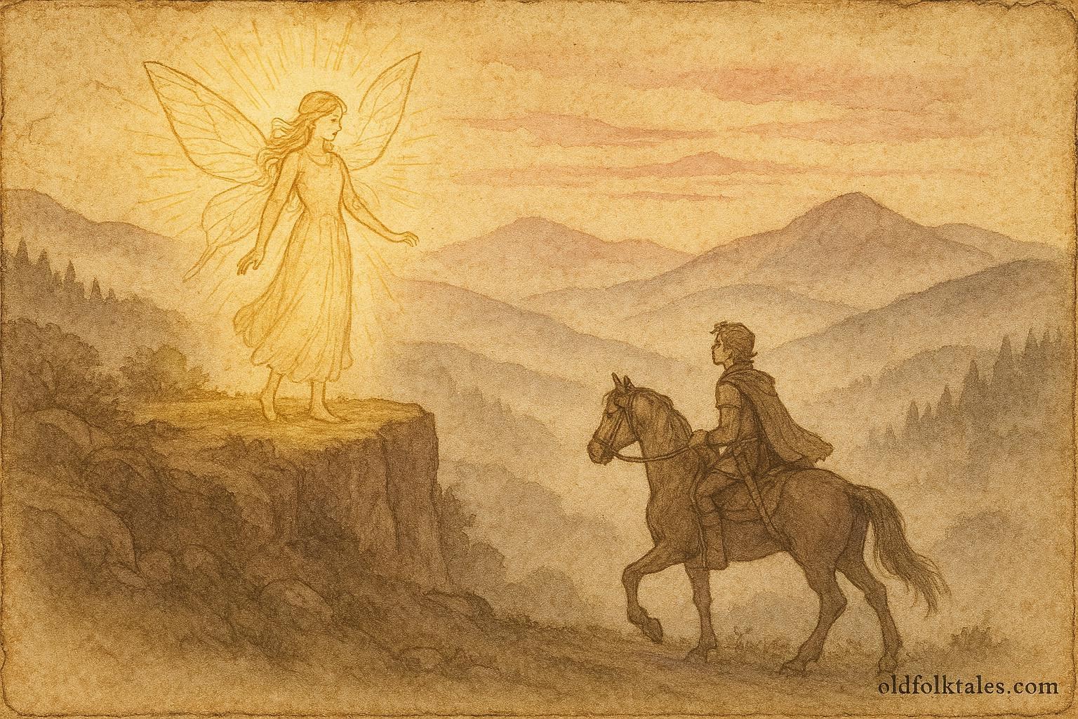 An illustration of Zâna Zorilor meeting a hero at dawn, Romanian folktale scene.