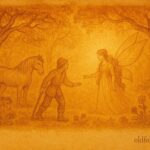 Parchment-style illustration of Benedek meeting Hajnal Szép in a dawn-lit enchanted forest, Hungarian folktale scene.