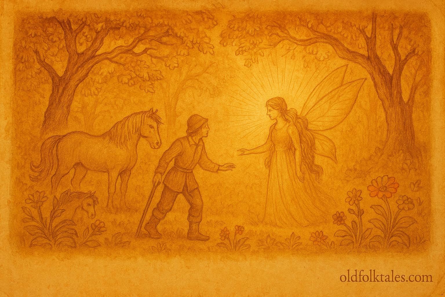 Parchment-style illustration of Benedek meeting Hajnal Szép in a dawn-lit enchanted forest, Hungarian folktale scene.