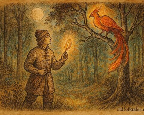 Parchment-style illustration of Prince Ivan capturing the Firebird feather in a magical Russian forest.