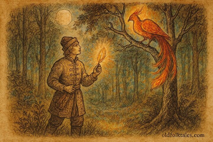 Parchment-style illustration of Prince Ivan capturing the Firebird feather in a magical Russian forest.