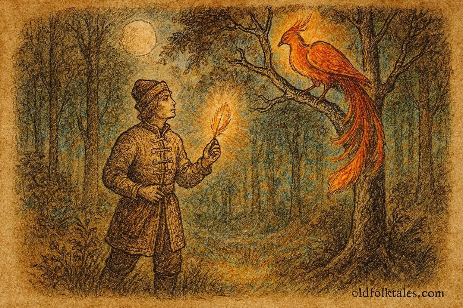 Parchment-style illustration of Prince Ivan capturing the Firebird feather in a magical Russian forest.