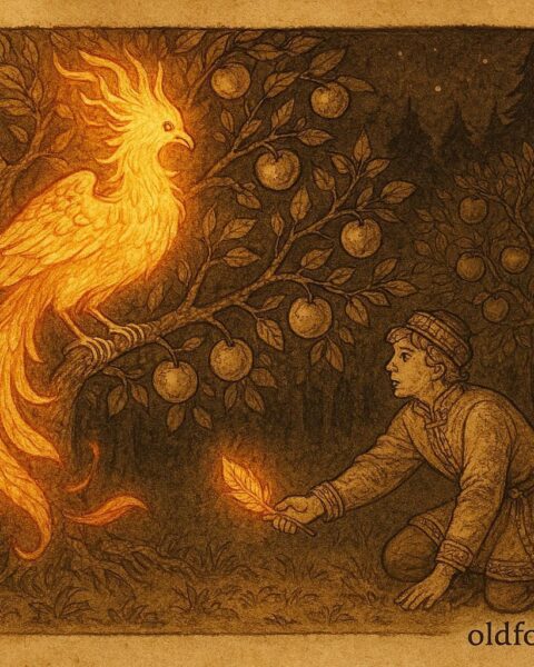 An illustration of the Firebird glowing in a Belarusian Slavic folktale scene.
