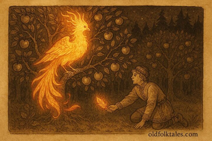 An illustration of the Firebird glowing in a Belarusian Slavic folktale scene.