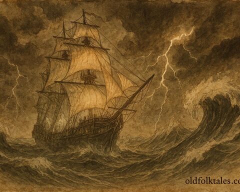 Parchment-style artwork of the Flying Dutchman ghost ship in a storm, Dutch maritime legend.